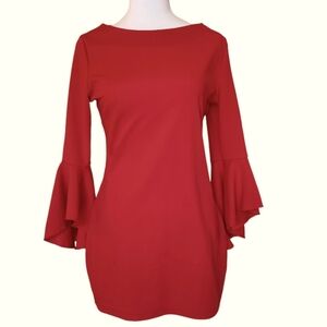 Aphratti Dress Women's Size M‎ Bell Sleeve Bright Red Zipper Back Bodycon Sheath